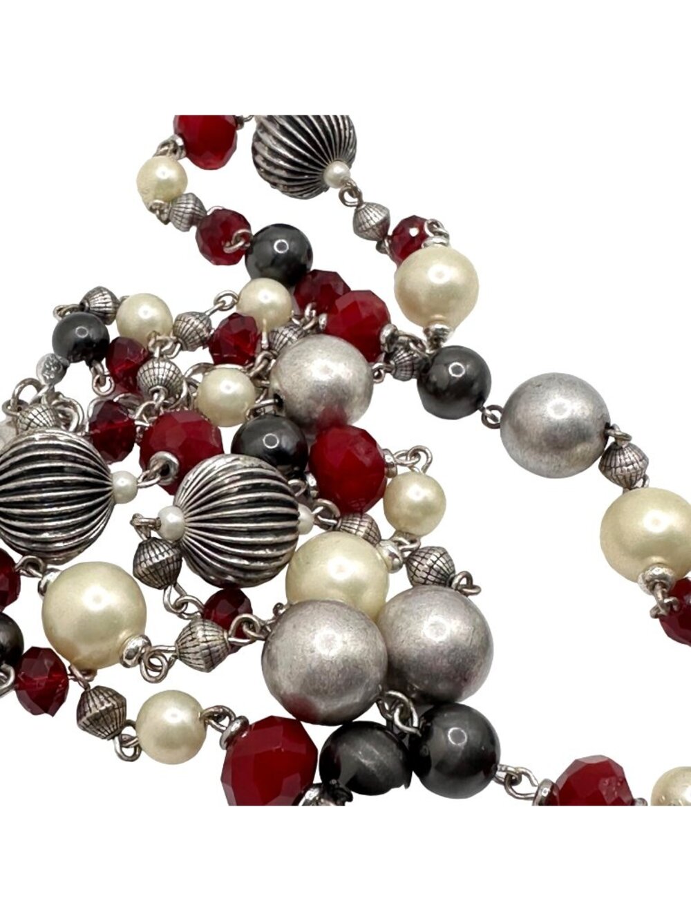 Eclectic Bead Necklace Premier Designs Extra Long Red Black Signed Silver Tone